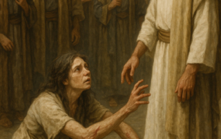 A woman who is hemorrhaging reaching out to Jesus.