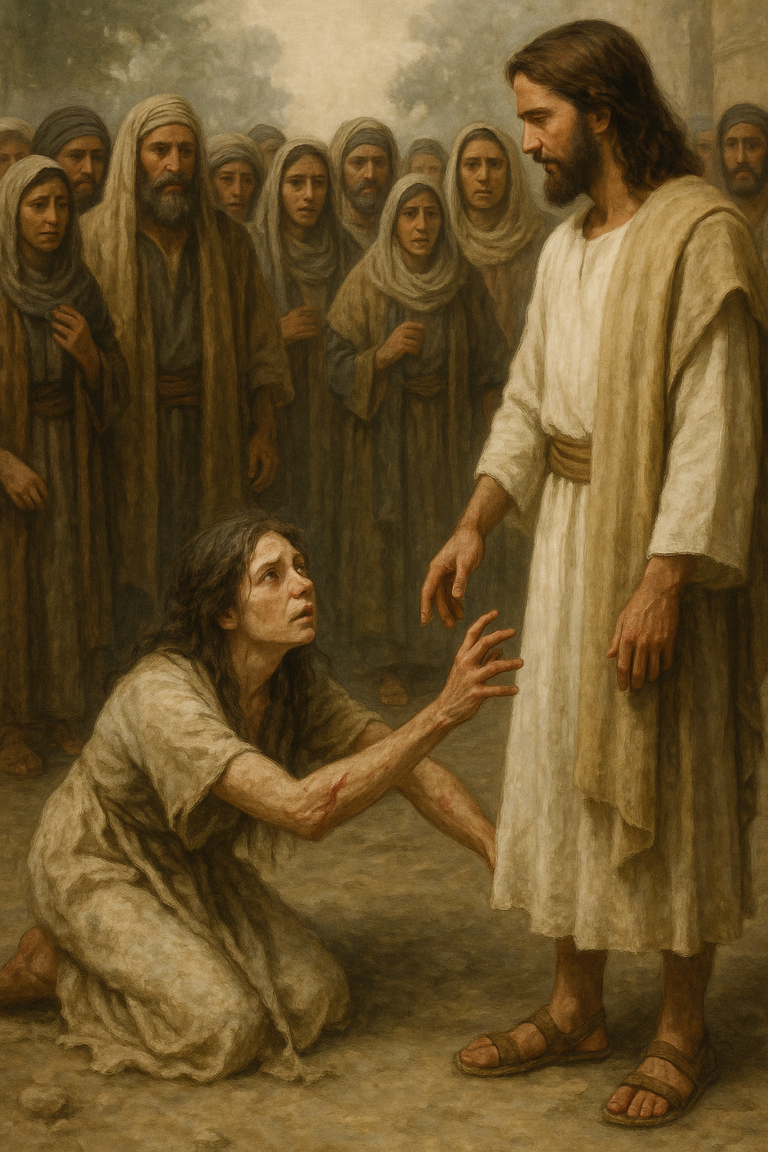 A woman who is hemorrhaging reaching out to Jesus.