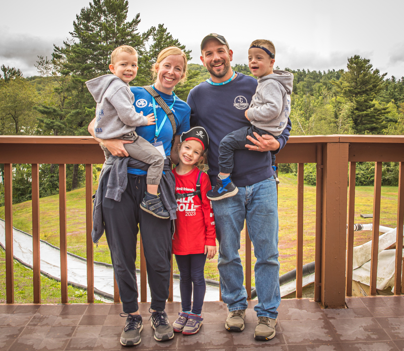 A family picture of James, Amber, and their children Jacob, Abigail, and Luke at a family retreat.
