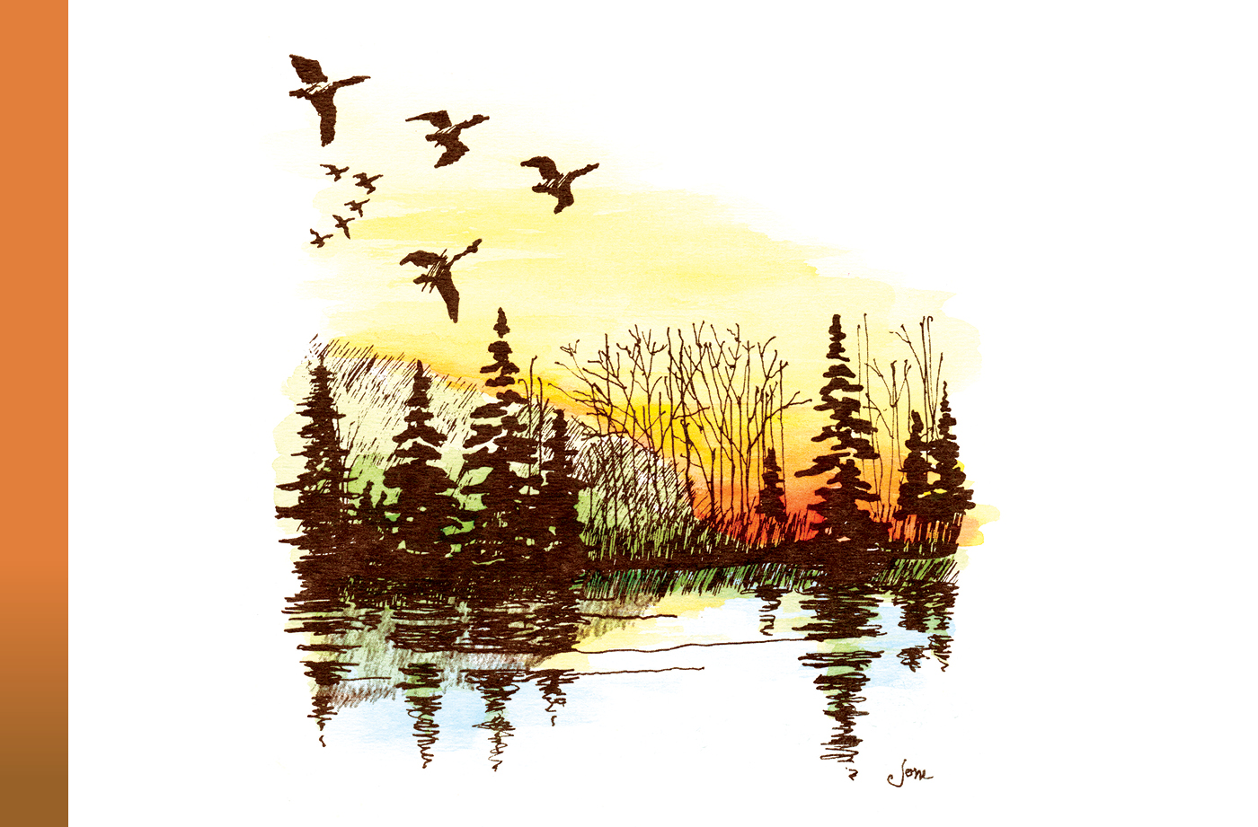 A watercolor and ink drawing of a flock of birds flying over a lake with pine trees and their reflections at sunset.