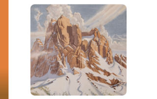 A painting of a rugged, snow-covered mountain range under a cloudy sky.