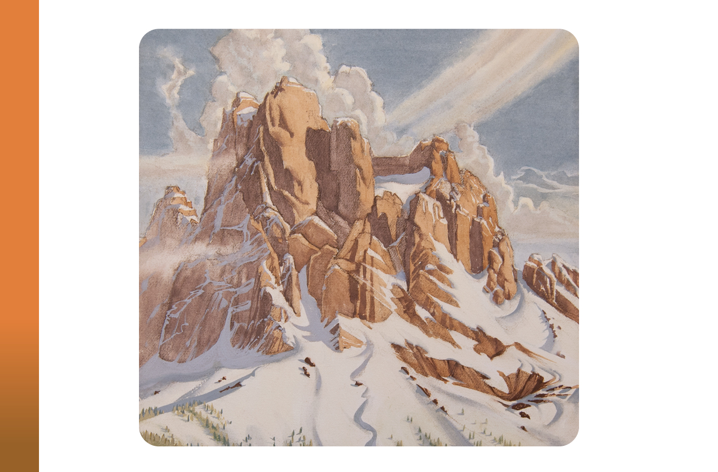 A painting of a rugged, snow-covered mountain range under a cloudy sky.