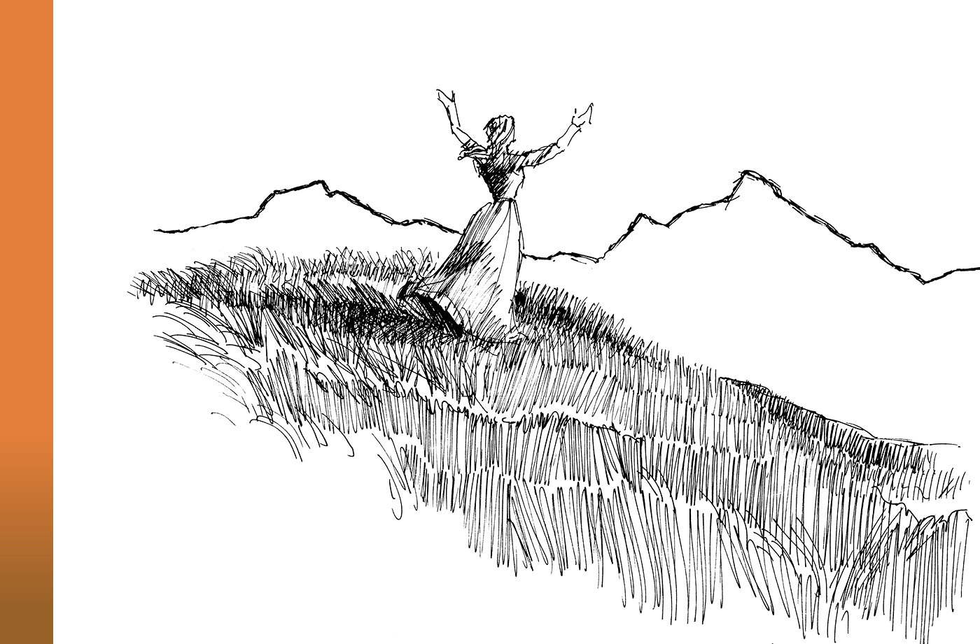 A sketch of a person standing on a grassy hill with their arms raised, facing away from the viewer towards a mountain range.