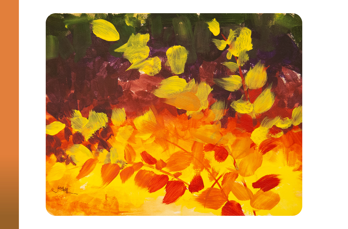 An abstract painting featuring broad brushstrokes of yellow, orange, and red, suggesting autumn leaves against a darker background of green and purple. The colors are brightest at the bottom, creating a sense of warmth and light.
