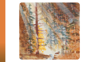 A painting of a forest with tall trees and a stream running through it. The sun's rays shine down through the trees, creating bright streaks of light.