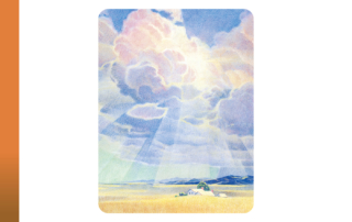 The painting depicts a vast, golden field with a small white house and a single tree in the foreground. In the background, there are rolling hills. Above, a cloudy sky is shown with bright sunbeams breaking through the clouds and shining down onto the landscape below.