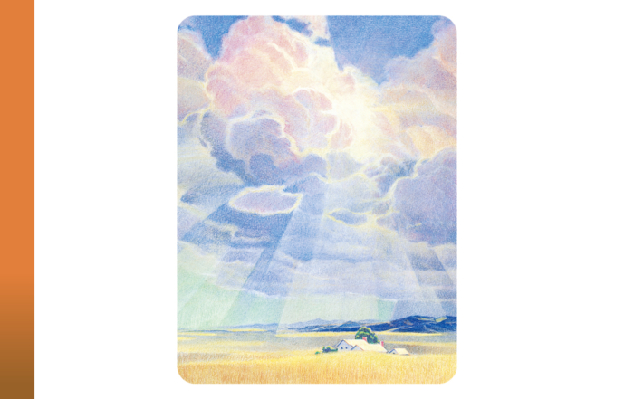 The painting depicts a vast, golden field with a small white house and a single tree in the foreground. In the background, there are rolling hills. Above, a cloudy sky is shown with bright sunbeams breaking through the clouds and shining down onto the landscape below.