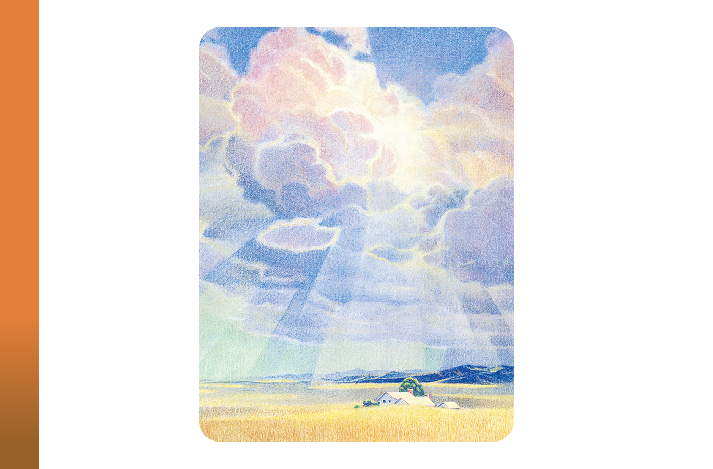 The painting depicts a vast, golden field with a small white house and a single tree in the foreground. In the background, there are rolling hills. Above, a cloudy sky is shown with bright sunbeams breaking through the clouds and shining down onto the landscape below.