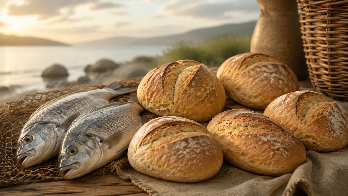 Two fish and five loaves arranged on a burlap cloth by the beach at sunset, with a wicker basket nearby.